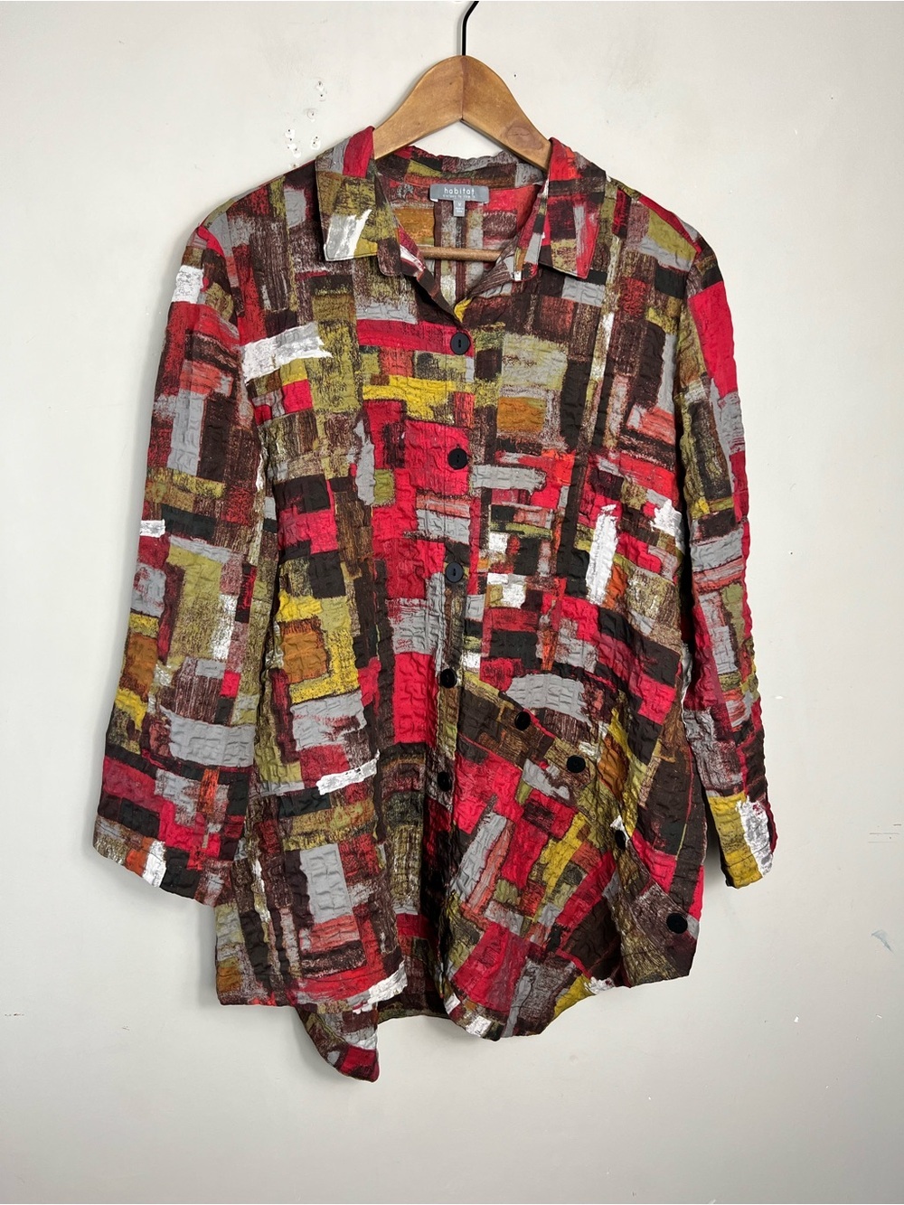 Habitat Abstract Print Button-Front Women's Crinkle Tunic Top Red Brown Medium